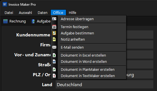 Invoice Maker Pro - Office Menü