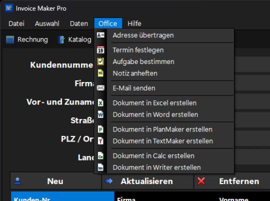 Invoice Maker Pro - Office Menü