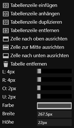 Tabellenzellenfunktionen über Kontextmenü Tabellenzellenfunktionen über Kontextmenü